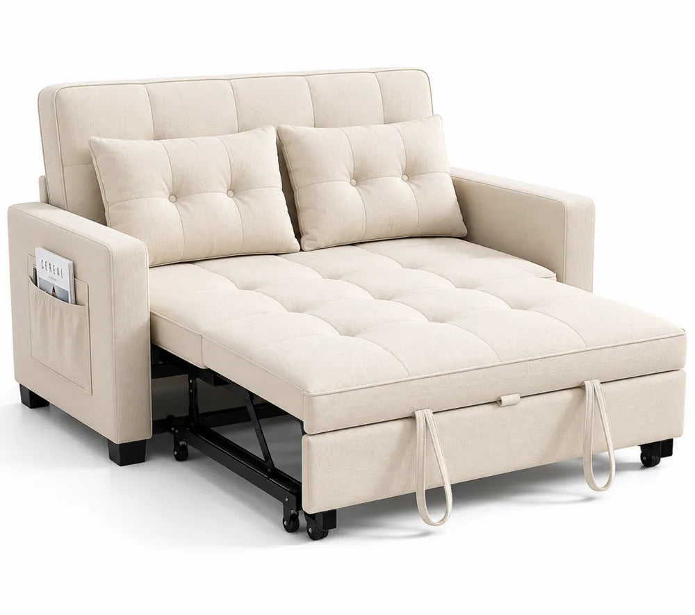 Rozkładana sofa beżowa, tkanina poliestrowa i metal, 190 cm