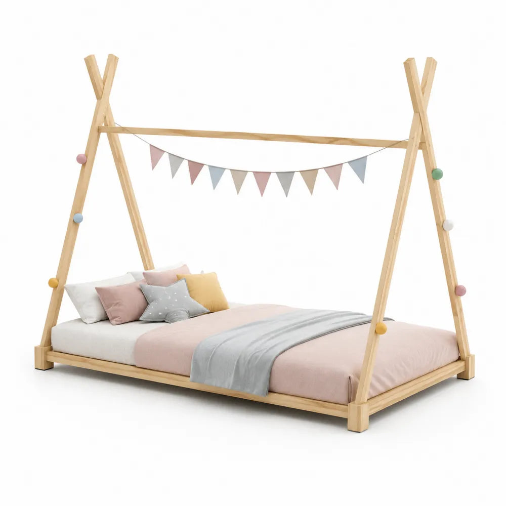Łóżko dziecięce tipi drewniane z materacem i poduszkami 90x200 cm
