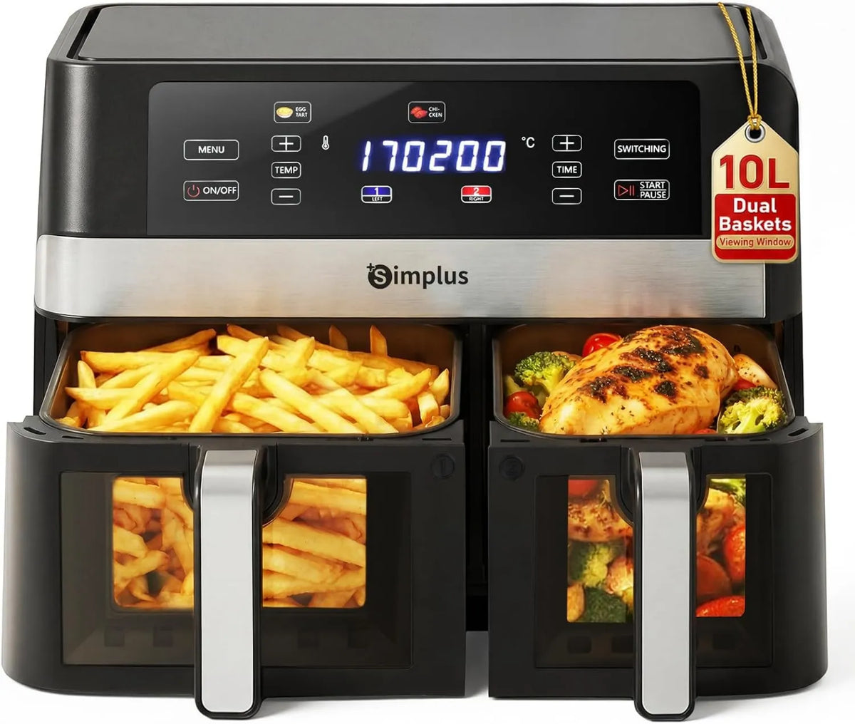 SIMPLUS frytkownica beztłuszczowa, 10 l, 1800 W, 11 programów, dotyk, para, LCD ekran, czarny, podwójny wózek powietrzny Fryper 10 l