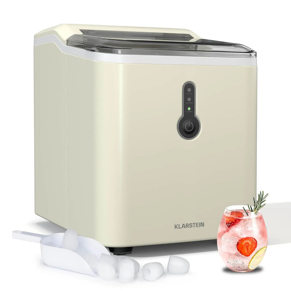 KLARSTEIN kostkarka do lodu, kg / 24, 1, 5 l, przenośny, duży zbiornik, diody LED, cykl 8 min, 12 h, zbiornik wody 1, 5 l kg/24