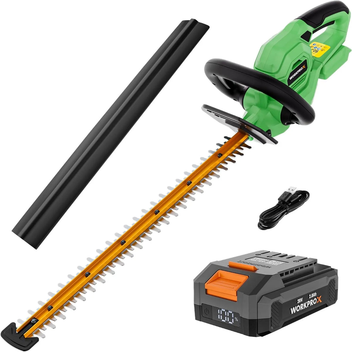 Nożyce do żywopłotu, 2,0 Ah, 51 cm, 18 mm, zasilanie akumulatorowe, WORKPRO X nożyce do żywopłotu, kabel do ładowania typu C, długość cięcia 51 cm