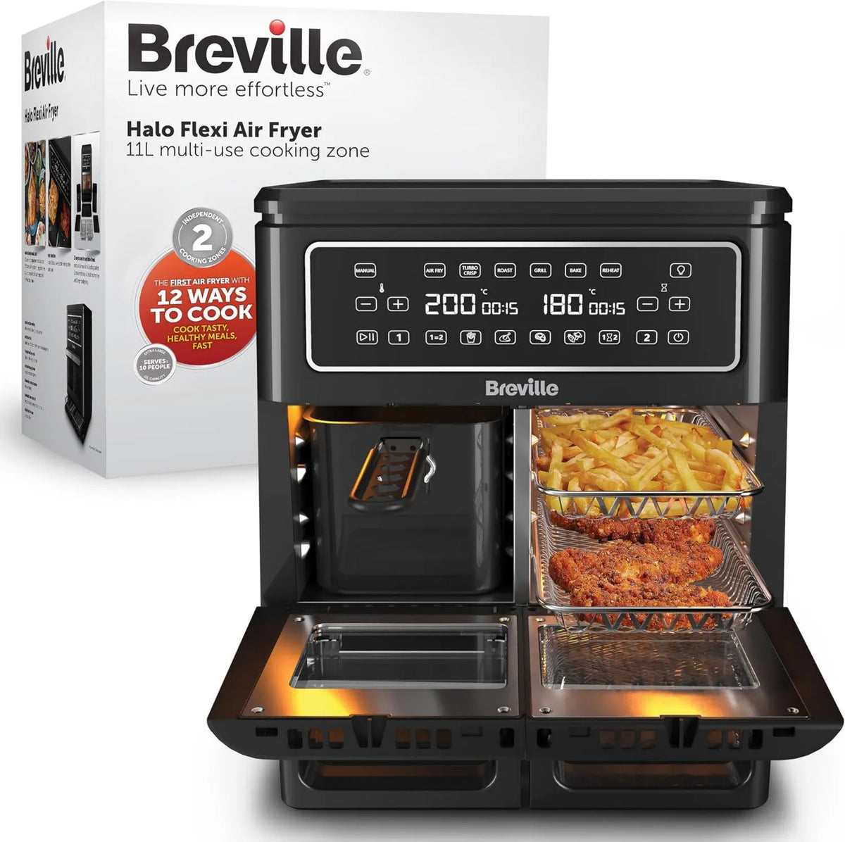Breville frytkownica beztłuszczowa, VDF130X, 11 l, 2400 W, grill, czarny, bez oleju smażenia Flexi Halo, 11 l Air frytkownica: 10 + ludzie
