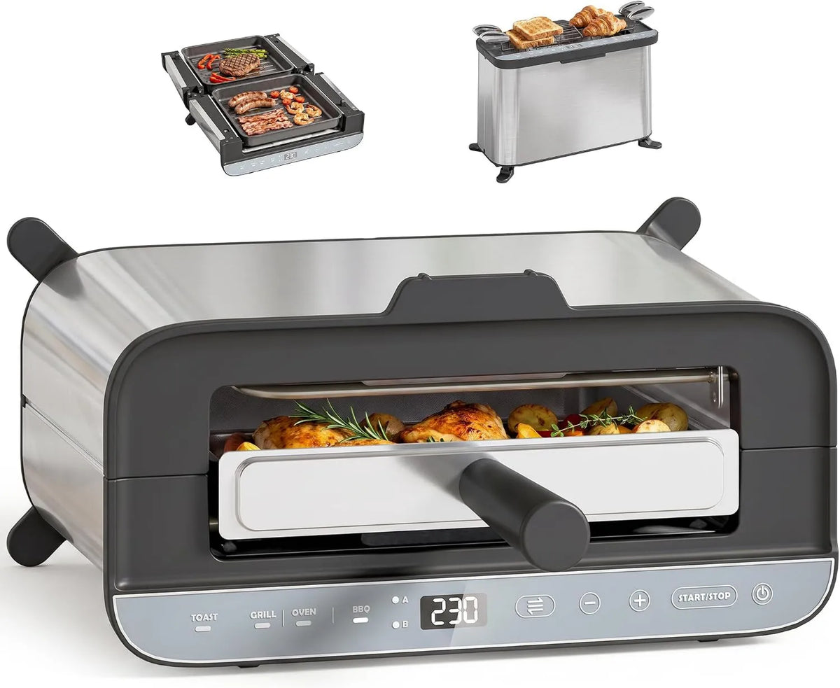 HOMCOM mini piekarnik, Piec elektryczny, 4, 9 l, 1700 W, 3- in-1, zegar, grill, kompaktowy, stal nierdzewna, długi toster szczelinowy i stołowy, ekran LED 3 w 1