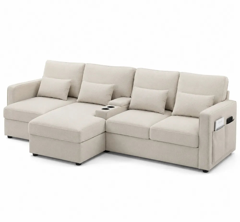 Sofa narożna z tkaniny beżowa z podłokietnikami i schowkiem 250 x 160 x 85 cm