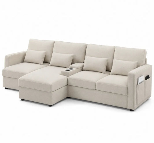 Sofa narożna z tkaniny beżowa z podłokietnikami i schowkiem 250 x 160 x 85 cm