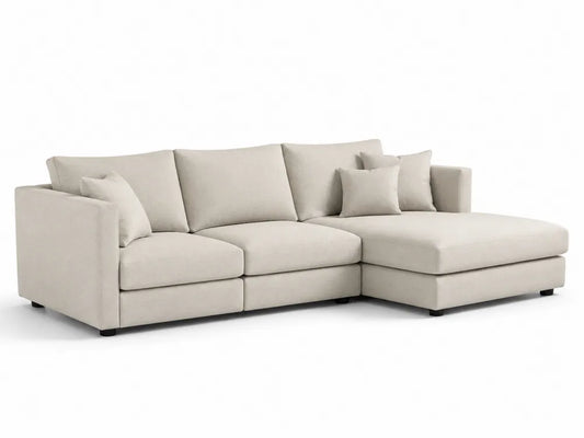 Narożna sofa z tkaniny poliestrowej z szezlongiem i poduszkami Beżowa 260 cm
