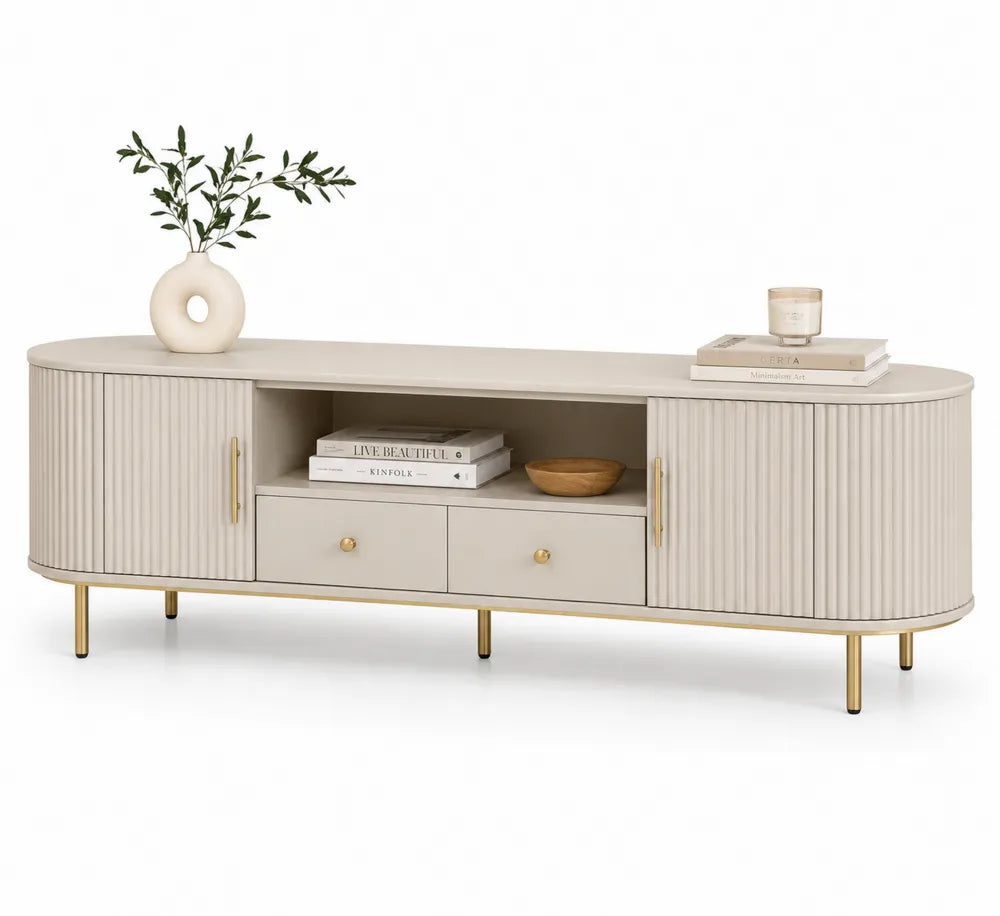 Szafka RTV owalna MDF i metal beżowa 150x40x55 cm
