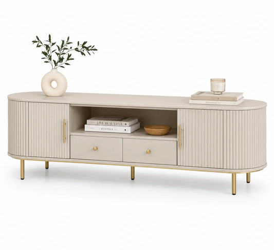 Szafka RTV owalna MDF i metal beżowa 150x40x55 cm