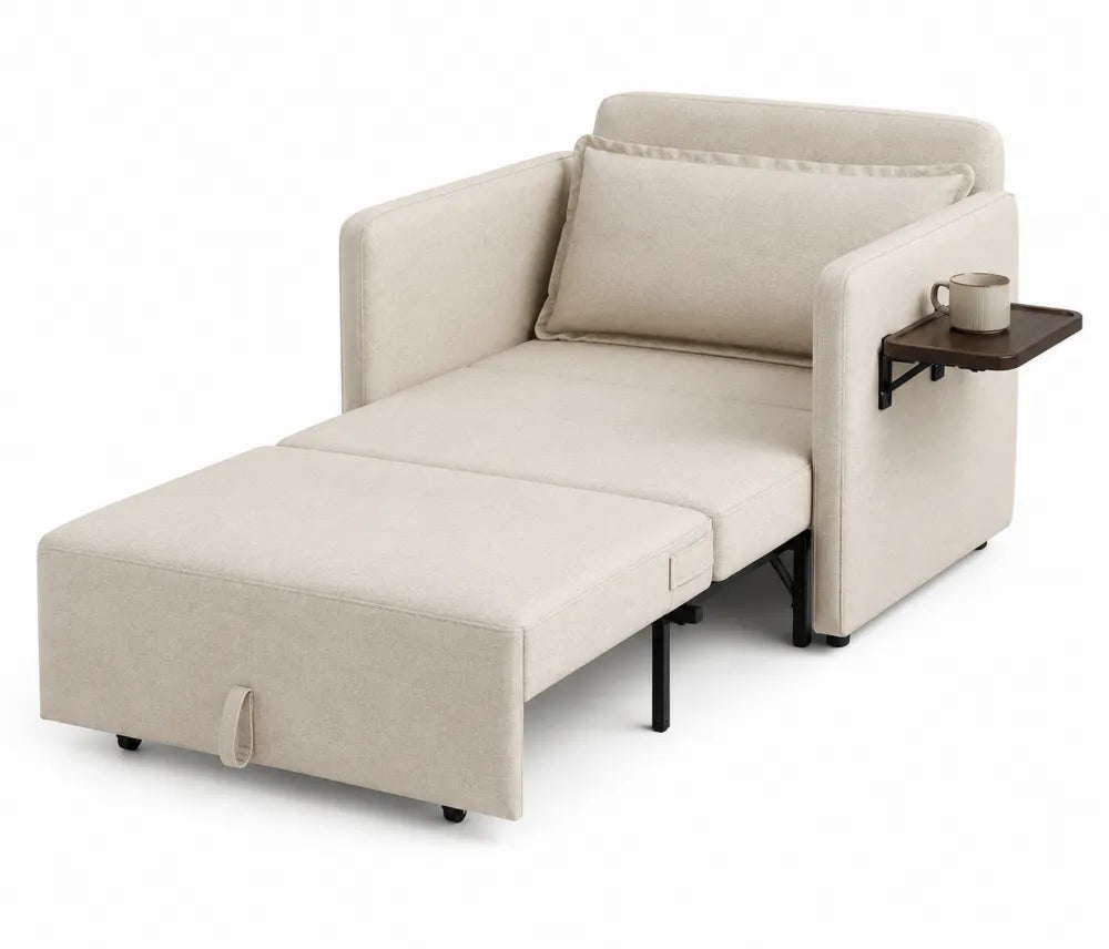 Beżowa Sofa Rozkładana z Tkaniny Poliestrowej z Metalowymi Nóżkami