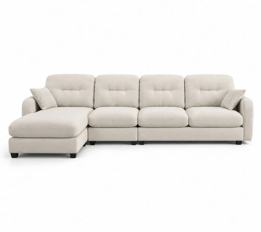 Narożna sofa z podnóżkiem, beżowa, tkanina poliestrowa