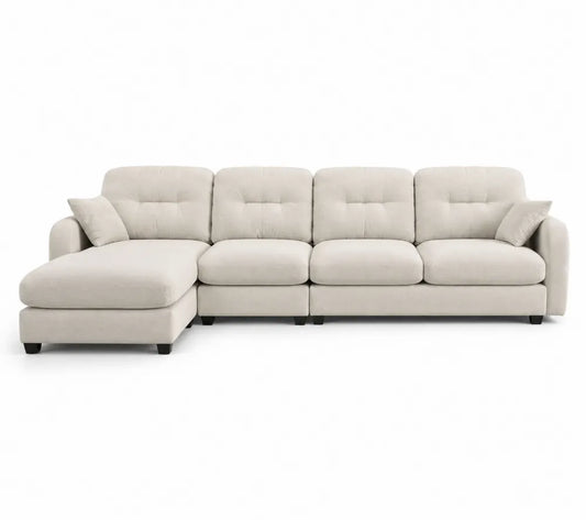Narożna sofa z podnóżkiem, beżowa, tkanina poliestrowa