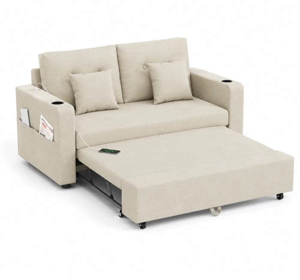 Beżowa sofa rozkładana z kieszeniami i portem USB