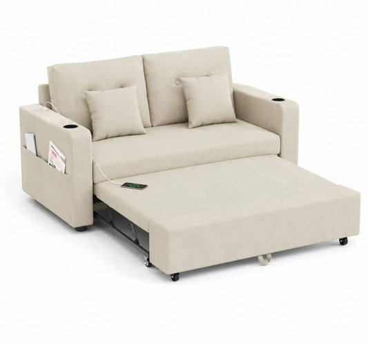 Beżowa sofa rozkładana z kieszeniami i portem USB