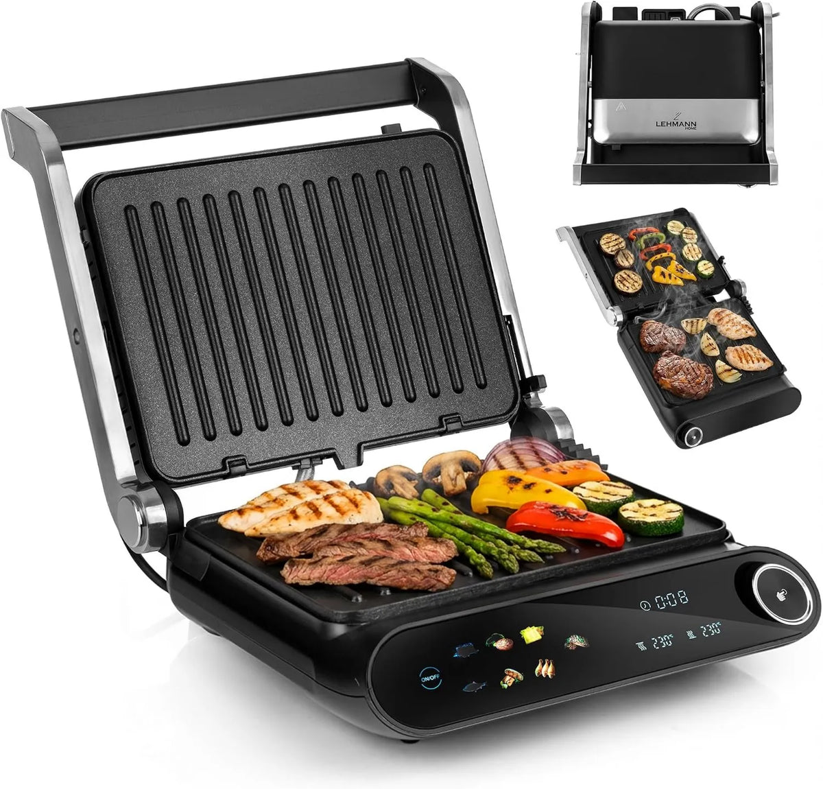 LEHMANN grill elektryczny, 2- in-1 Grill, grill panini i croque- monsieur, 2200 W, 10 programów, 90 do 230°C, licznik, wyjmowany, 2 strefy temperatury, 2-en-1
