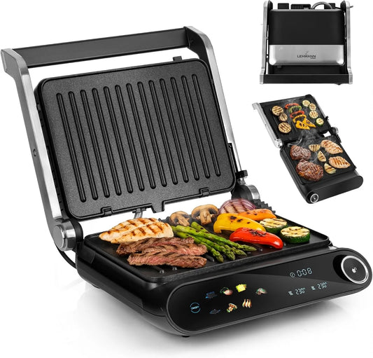 LEHMANN grill elektryczny, 2- in-1 Grill, grill panini i croque- monsieur, 2200 W, 10 programów, 90 do 230°C, licznik, wyjmowany, 2 strefy temperatury, 2-en-1