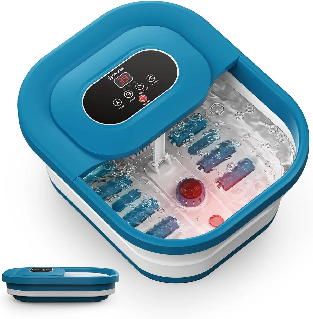 COMFIER, Elektryczny grzejnik, 35 do 48°C, FUEL, niebieski, masaż stóp z 8 rolkami Shiatsu