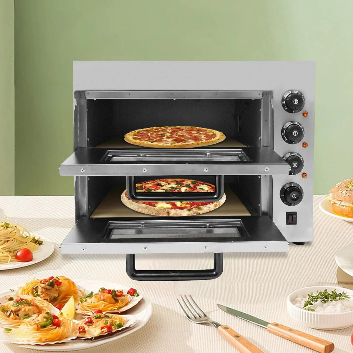 OMGGYER, Elektryczny mini piekarnik do pizzy, 12 cali, licznik, profesjonalny, 2 strefy temperatury, stal nierdzewna, zegar do 60 min, 57 x 47, pieczywo