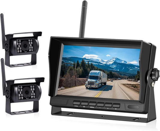 LLOOPK, Monitor, 2 Kamera, Kamera rozdzielcza, Tylny widok Wyświetlacz Tylny monitor ciężarówki 7 Inch i aparat wsteczny bezprzewodowy na ekranie