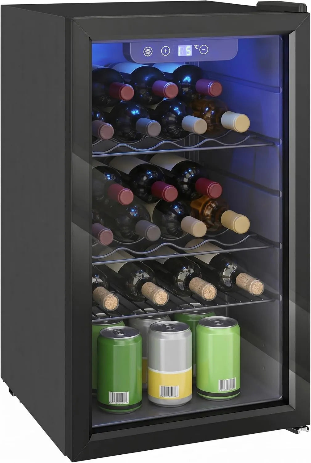 HOMCOM chłodziarka do wina, Winiarnia elektryczna, 68 l, 24 butelki, 4 do 16°C, 2 strefy temperatur, oświetlenie LED, dotyk, wyjmowalne, czarny, Lodówka do wina i napoje