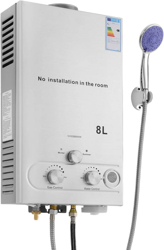 YUYUZI, Grzejnik elektryczny, 8 l, 16 kW, kemping, chwilowy podgrzewacz wody LPG, ≥ 80, 8, pojemność 8 l