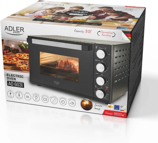 Piekarnik elektryczny, 1800W, ADLER EUROPE Piekarnik Elektryczny, z Funkcją Konwekcji i Rożna, 12 Trybów Pieczenia, Regulacja temperatury: 100-230°C